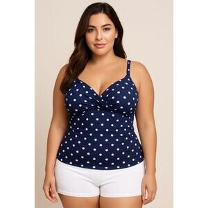 Lands’ End Twist Front Underwire Tankini Swim Top Navy White Polka Dot Size 14